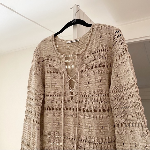 TheOpen Product Pointelle Crochet Knit Wide Sleeve Sweater in Beige Size 1 - Picture 12 of 14